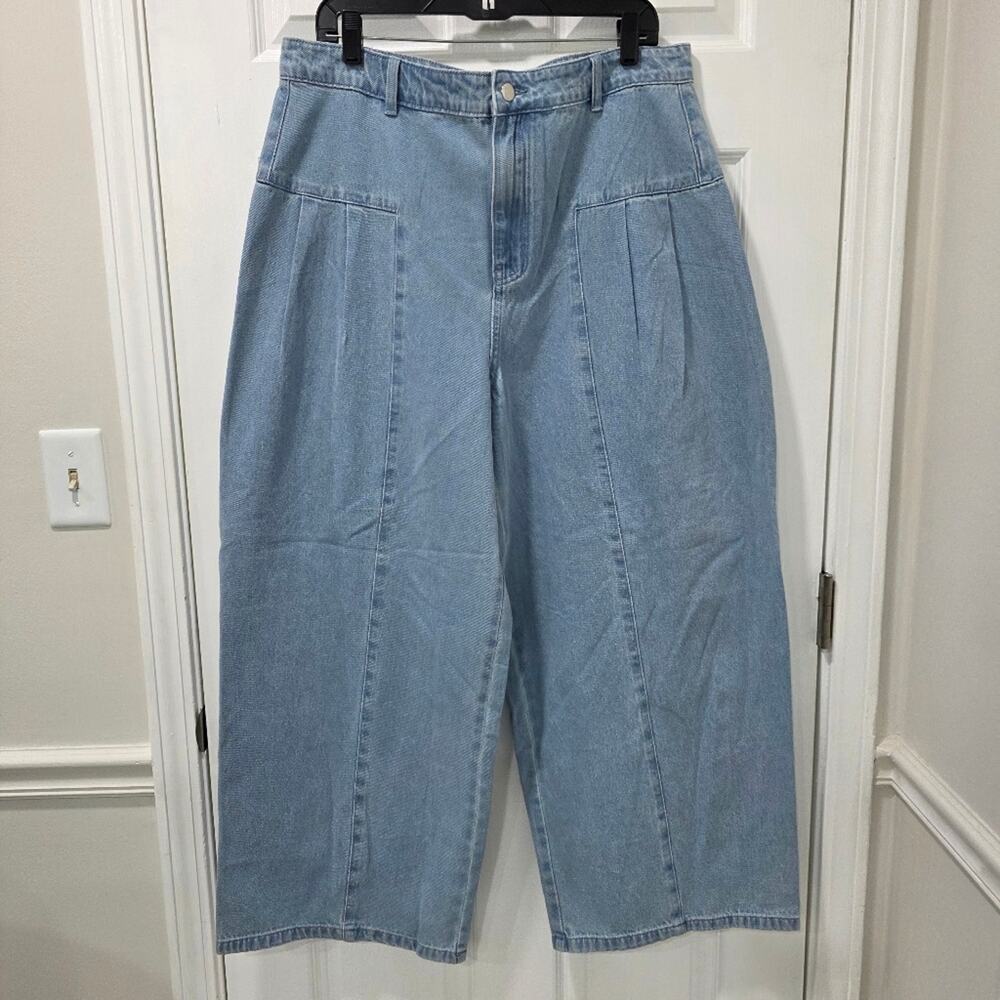 Blue Wide Leg Barrel Jeans Women’s Size 14 High Rise Pleated Crop Denim Pants - Picture 2 of 5